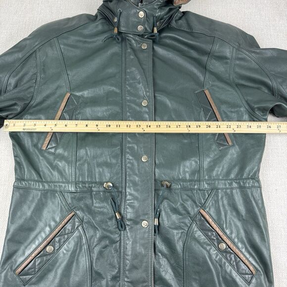 Vintage Verducci Soft Green Leather Jacket Women's 90s Hooded Lined Coat Large - Picture 12 of 16